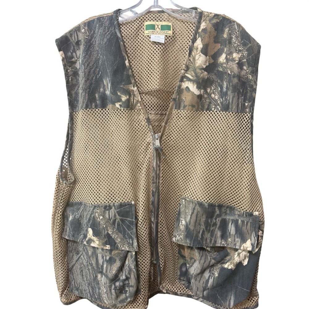 Game Winner Mens Camo Mesh Hunting Vest XL/2XL Full Zip Shooting Game Bag Brown